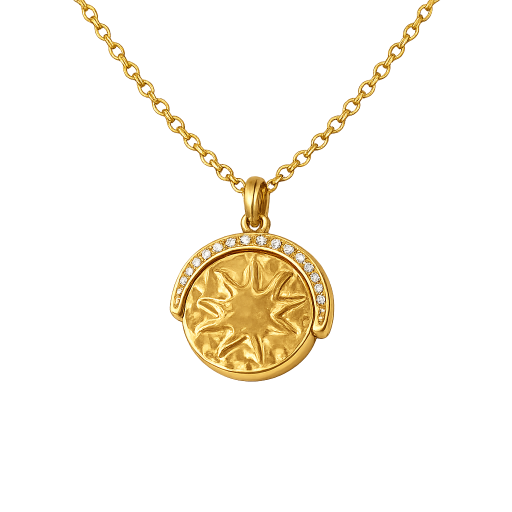 Gold necklace with a sun-shaped pendant on a white background