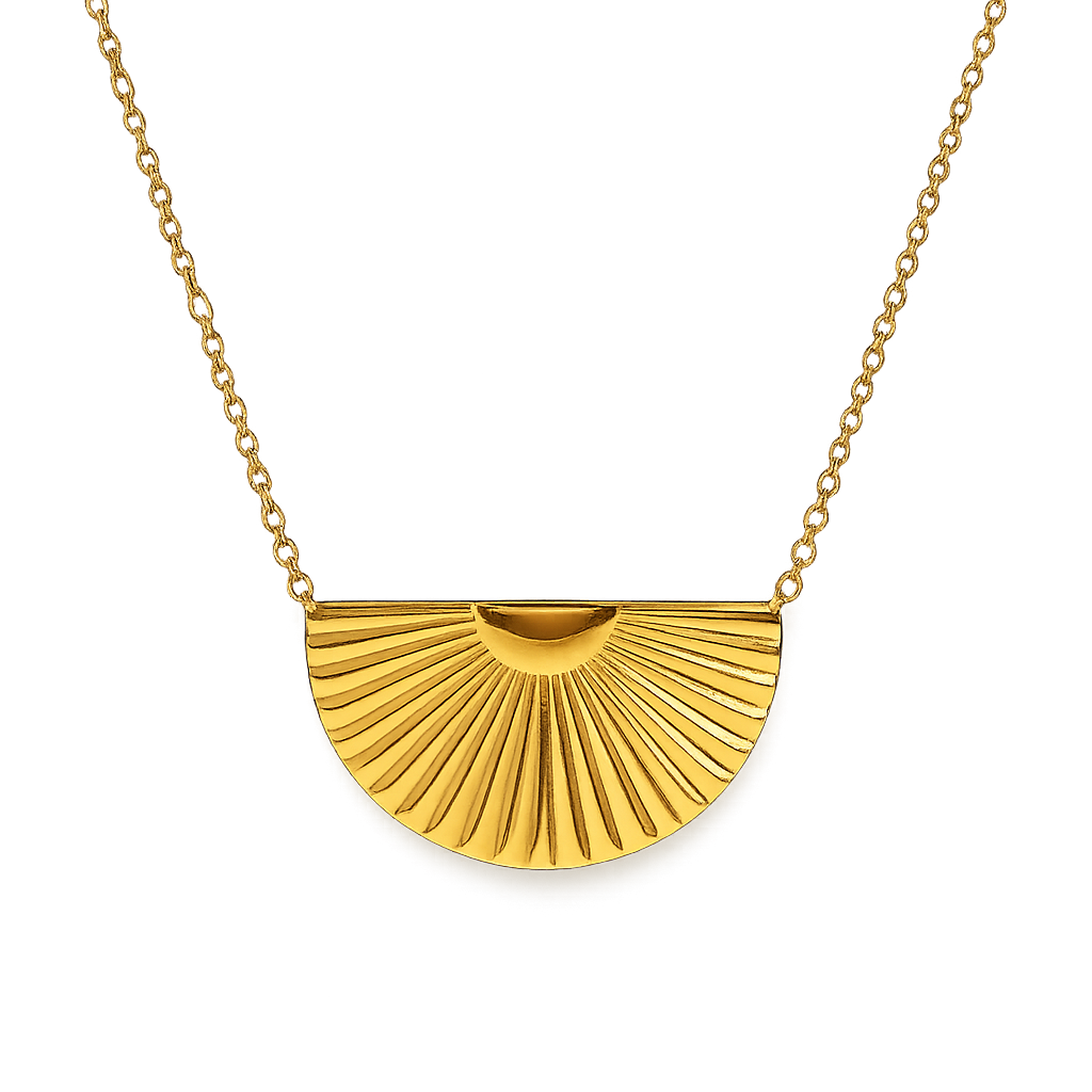 Gold necklace with a half-circle pendant on a white background