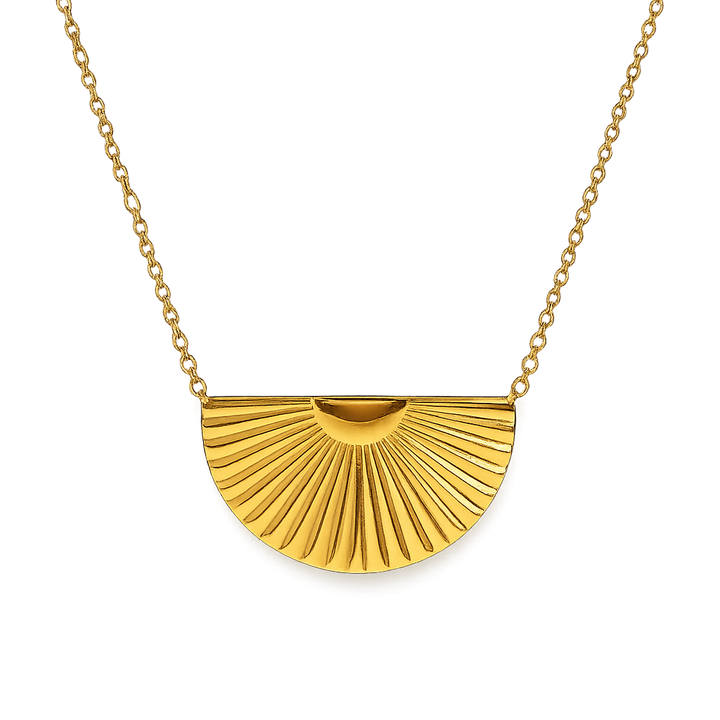 Gold necklace with a half-circle pendant on a white background