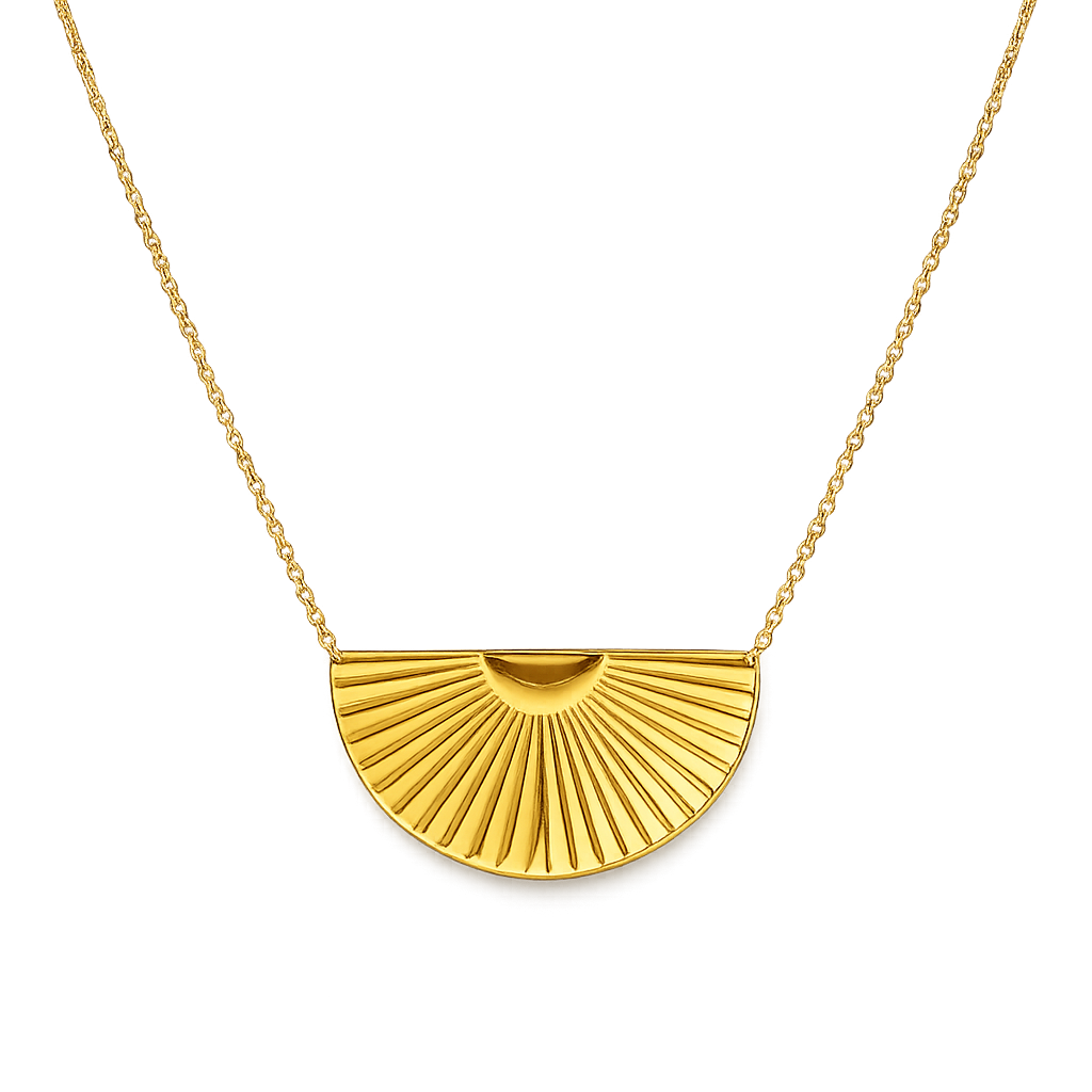 Gold necklace with a half-circle pendant on a white background