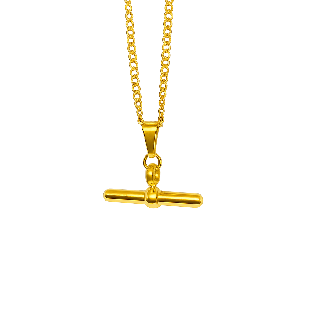 Gold necklace with a T-shaped pendant on a white background