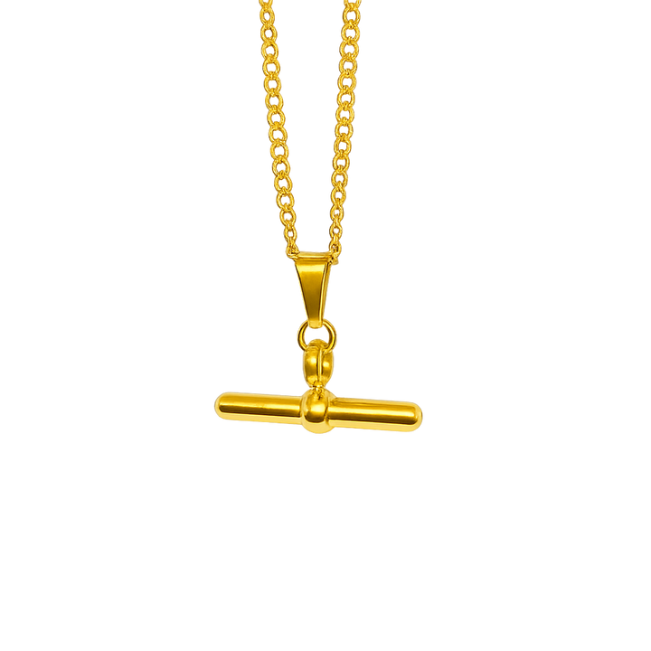 Gold necklace with a T-shaped pendant on a white background