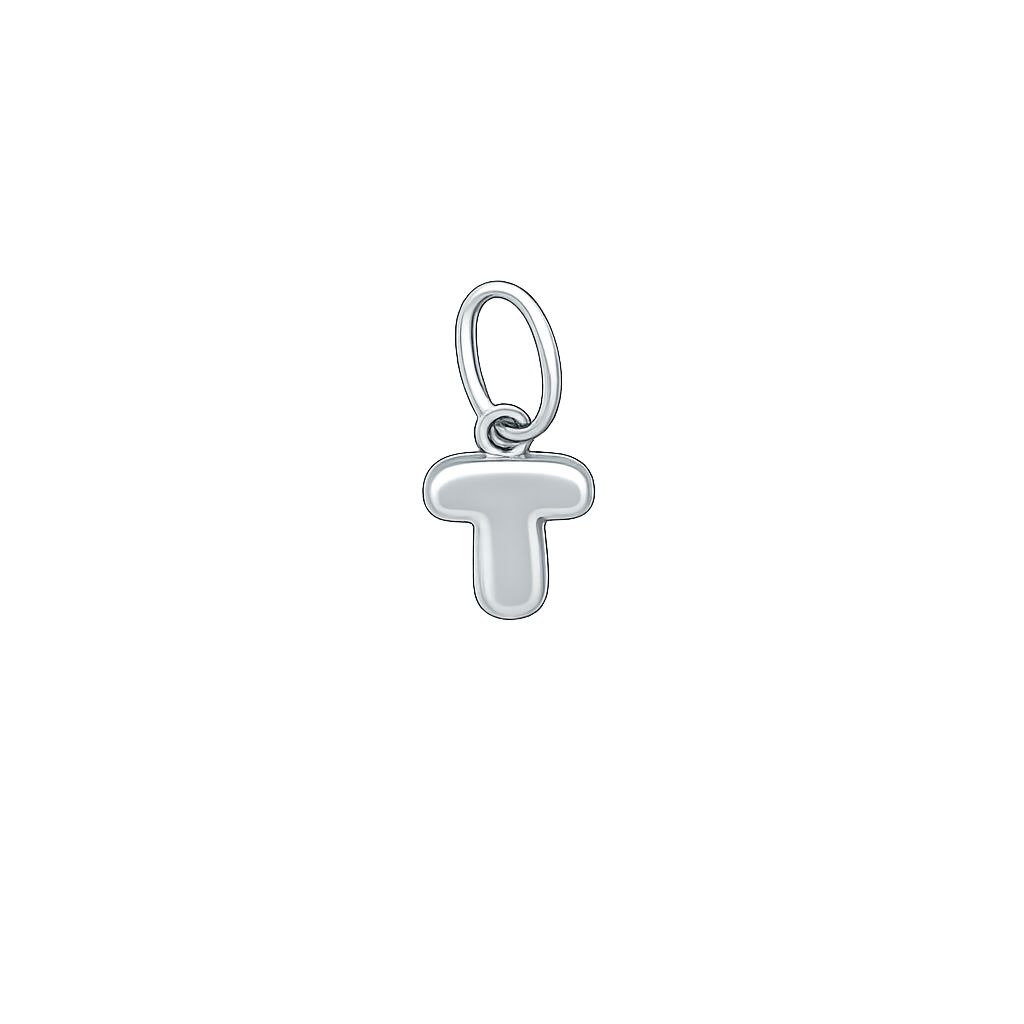 Silver letter 'T' pendant on a white background