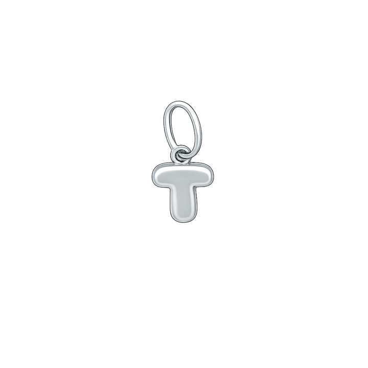 Silver letter 'T' pendant on a white background
