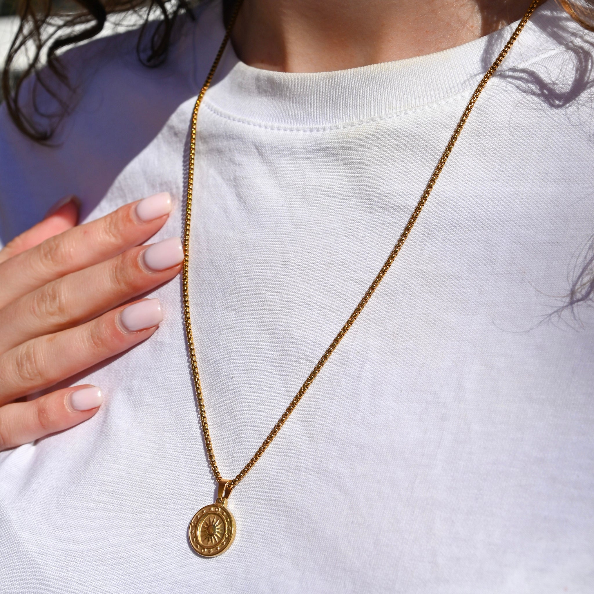 Talisman Necklace in gold worn on model
