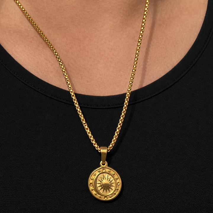Gold necklace with a pendant on a black background