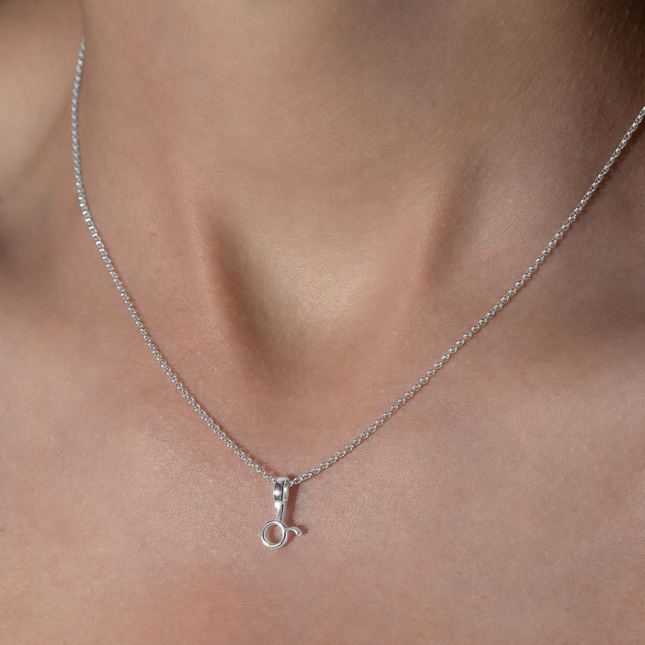 Silver necklace with a clasp on a person's neck against a neutral background