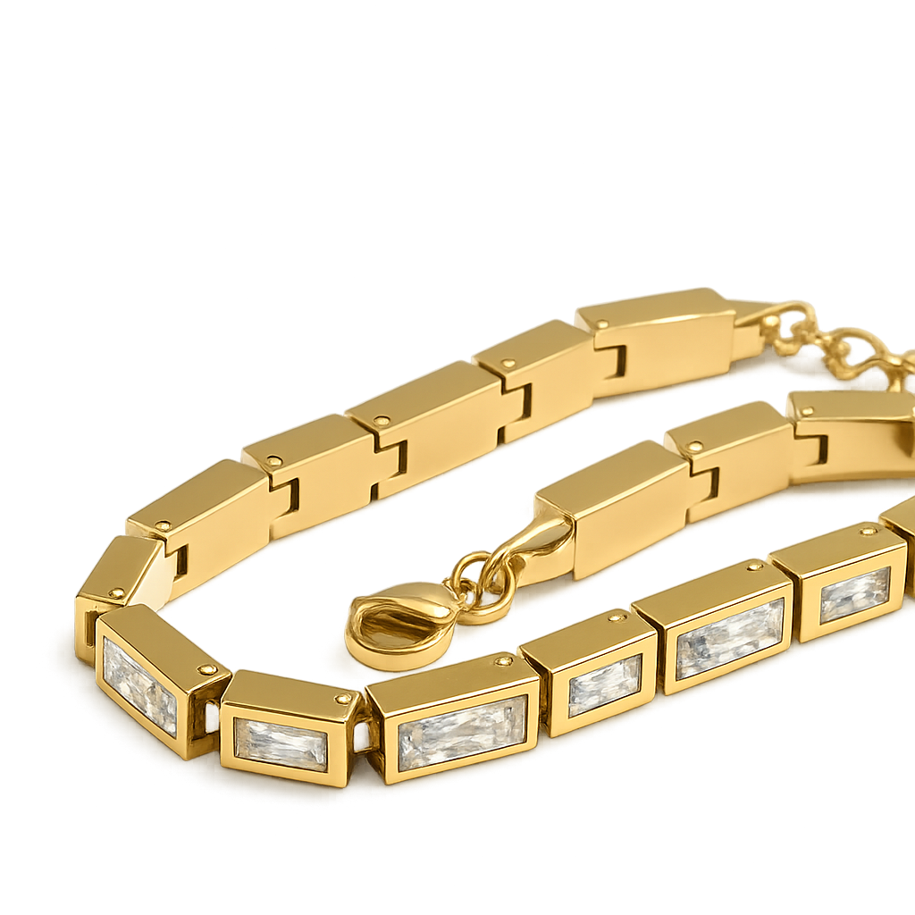 Gold bracelet with rectangular gemstones on a white background