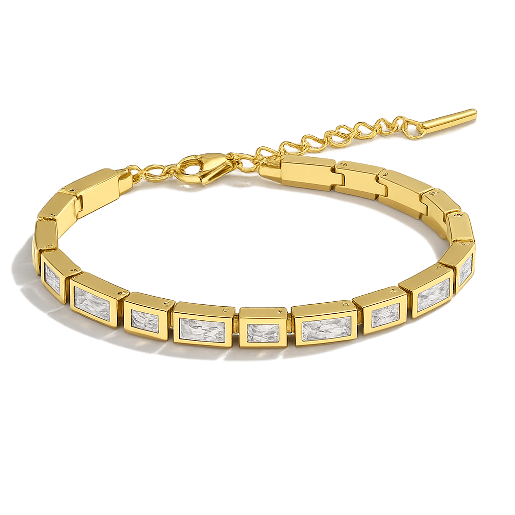 Gold bracelet with embedded diamonds on a white background