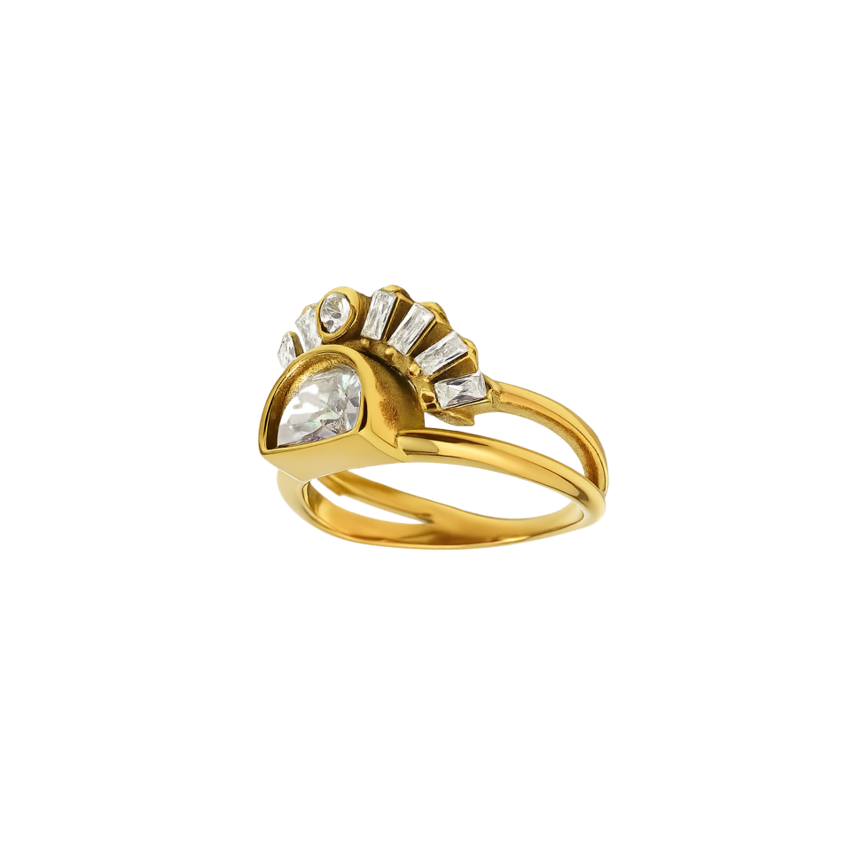 Gold ring with a diamond on a white background