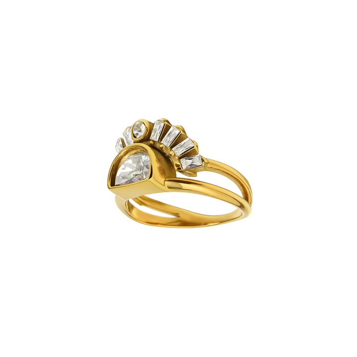 Gold ring with a diamond on a white background
