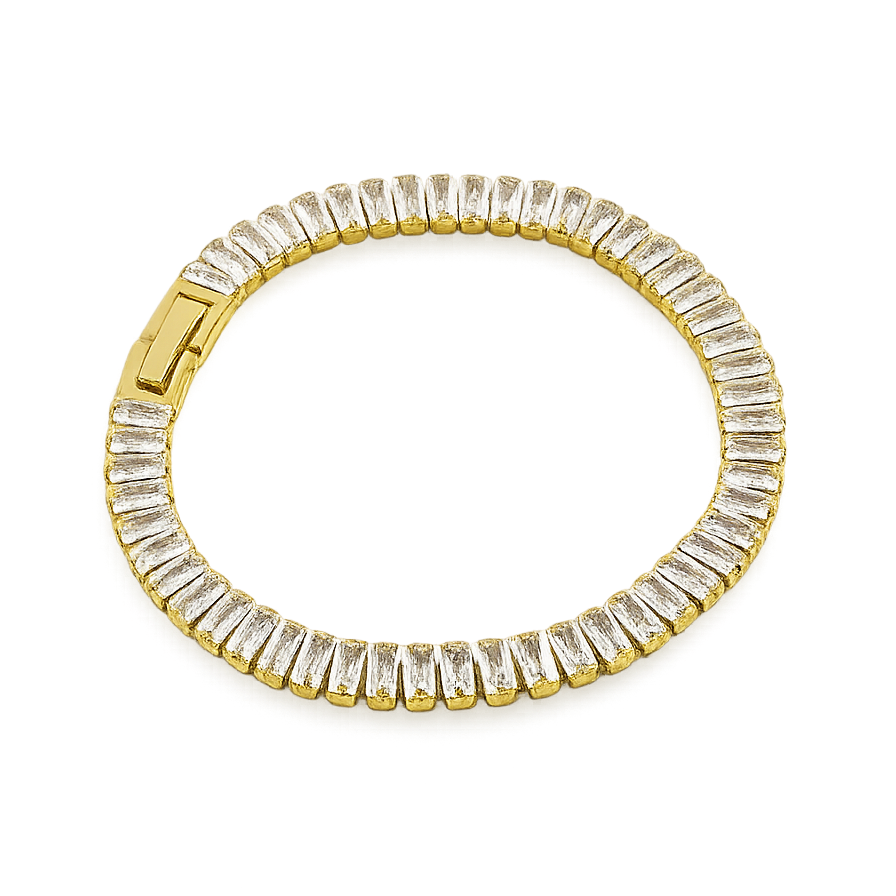 Gold bracelet with clear gemstones on a white background