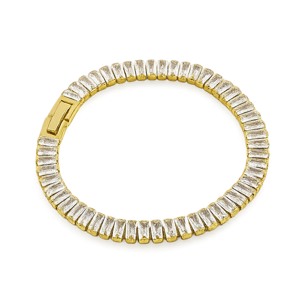 Gold bracelet with clear gemstones on a white background