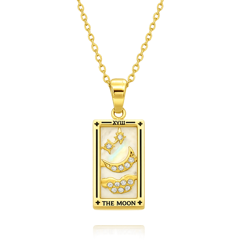 Gold pendant with 'The Moon' tarot card design on a white background