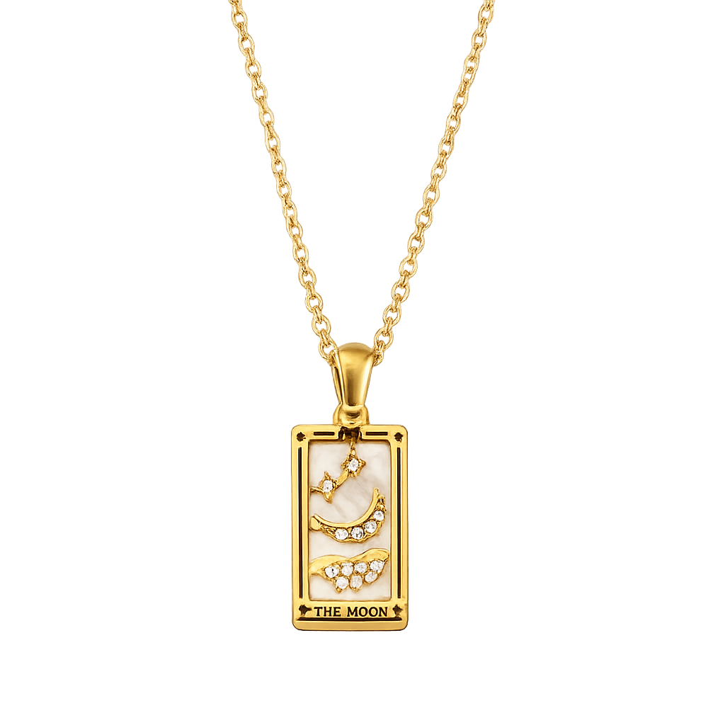 Gold necklace with a rectangular pendant featuring 'The Moon' design on a white background