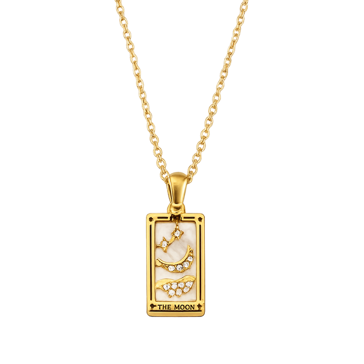 Gold necklace with a rectangular pendant featuring 'The Moon' design on a white background