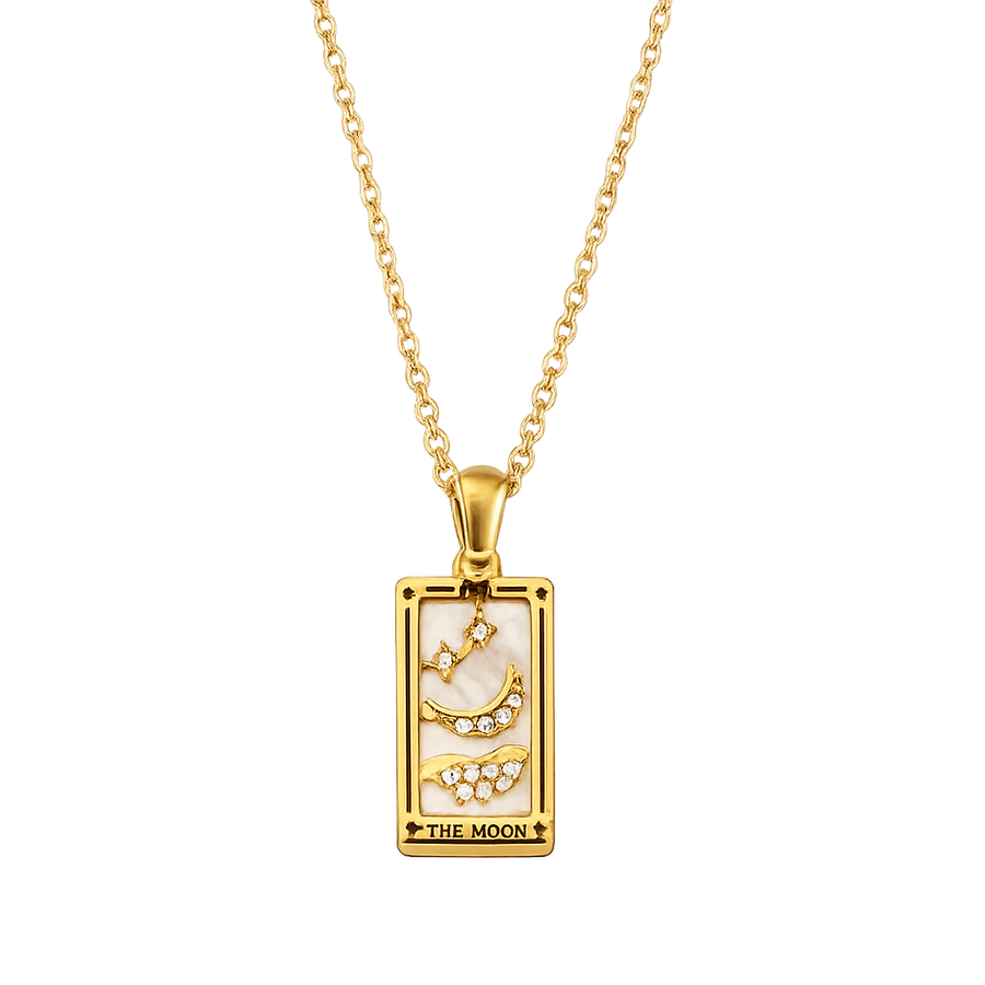 Gold necklace with a rectangular pendant featuring 'The Moon' design on a white background