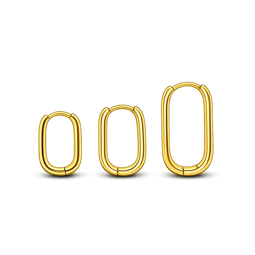 Three gold hoop earrings of different sizes on a white background