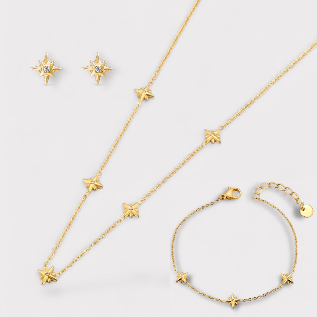 Gold jewelry set with necklace, bracelet, and earrings on a light gray background