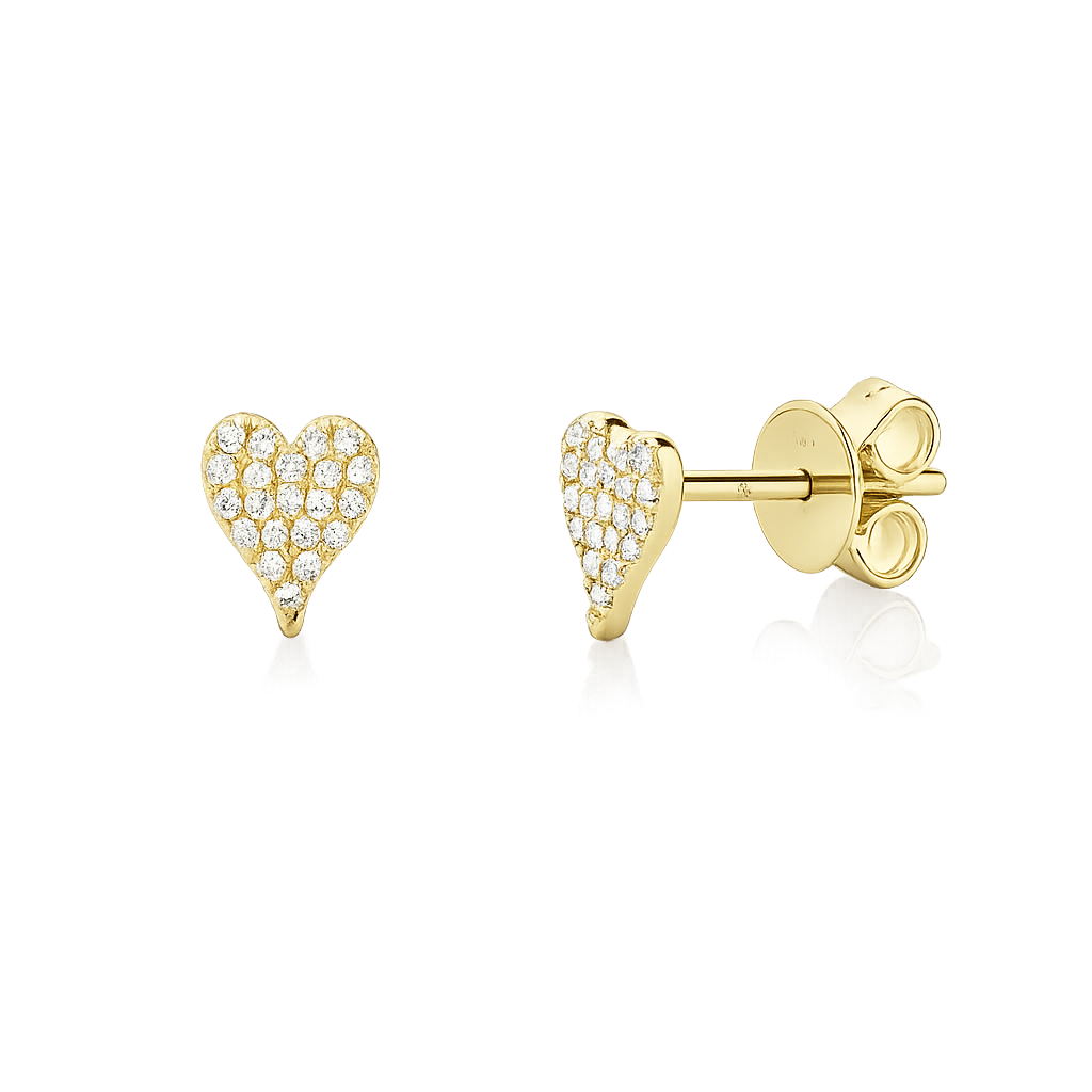 Gold heart-shaped earrings with embedded stones on a white background