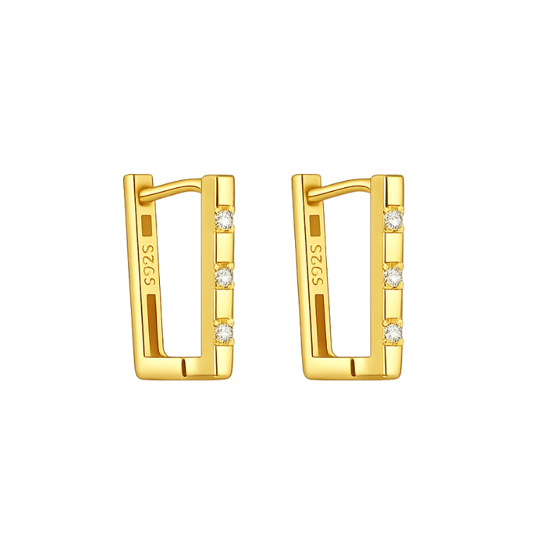 Pair of gold hoop earrings with small diamonds on a white background