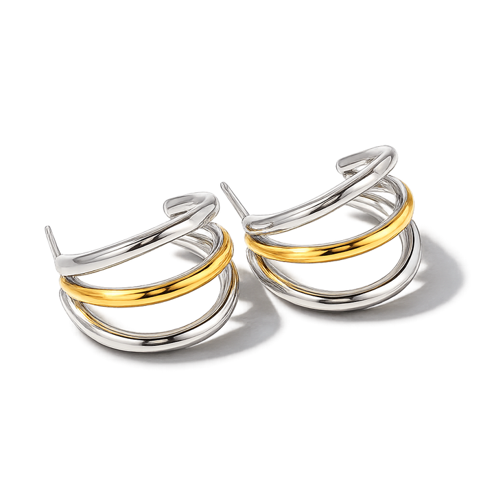 Pair of silver and gold hoop earrings on a white background