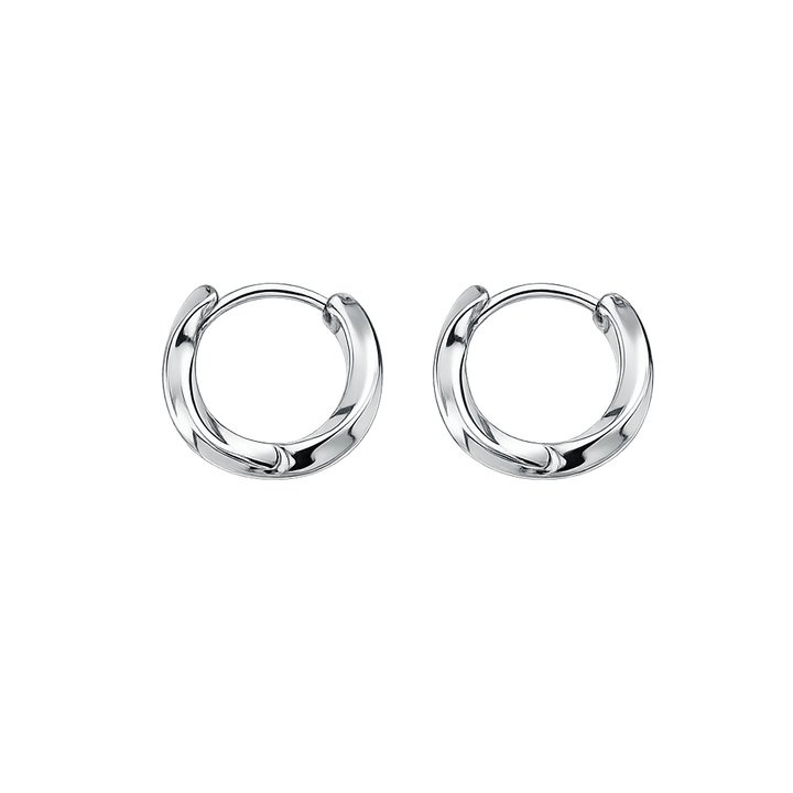 Pair of silver hoop earrings on a white background