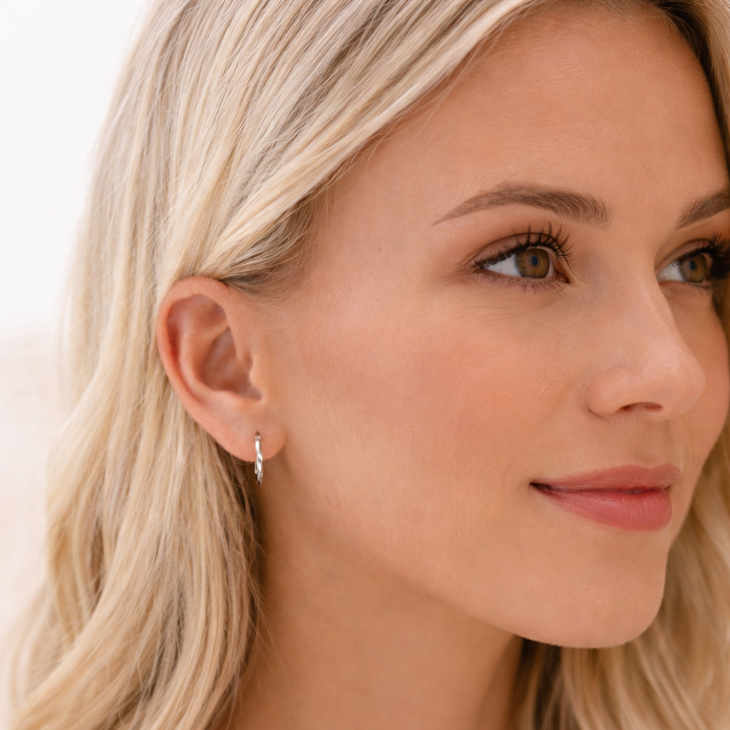 Close-up of a woman wearing a silver earring with a plain background