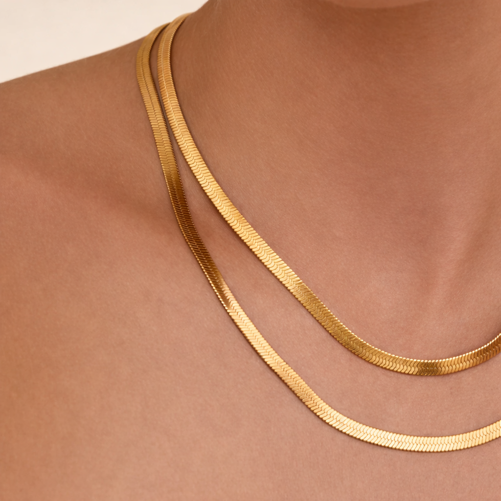 herringbone necklaces in gold in different lengths