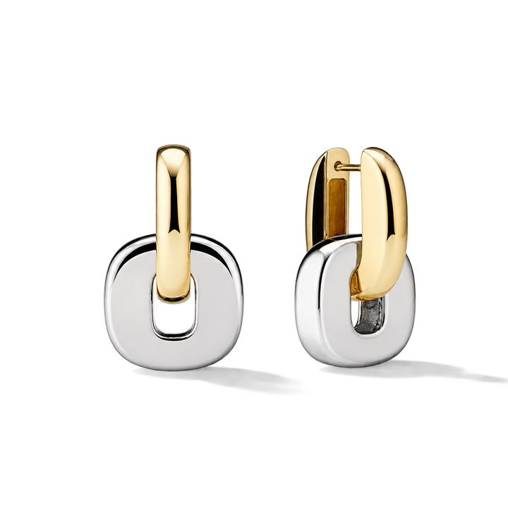 Two two-tone hoop earrings with polished gold and silver finishes, displayed on a clean white background.
