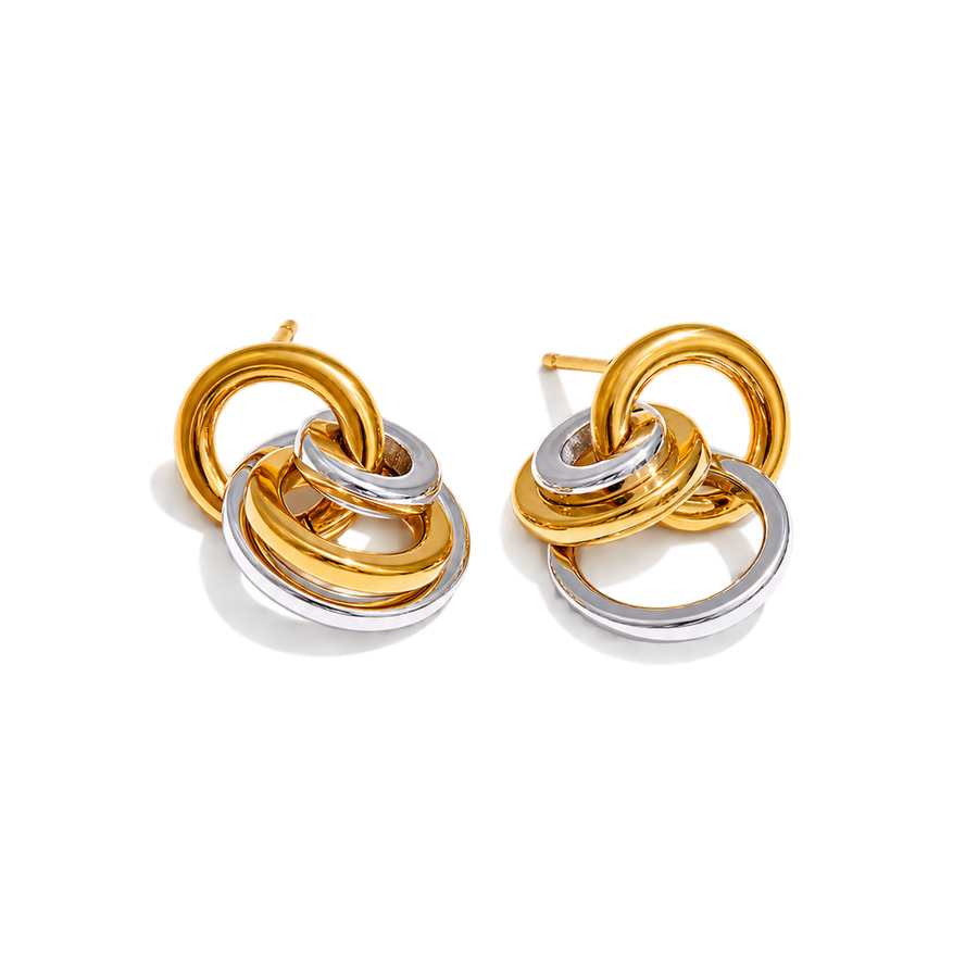 A pair of gold and silver interlocking ring stud earrings on a clean white background.