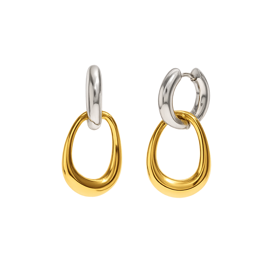 Pair of gold and silver hoop earrings on a white background
