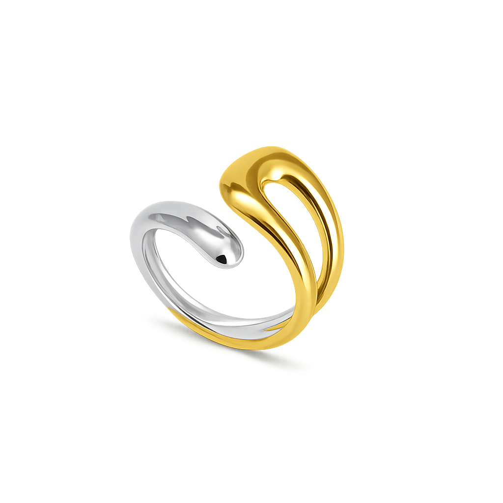 Two gold and silver open rings on a white background