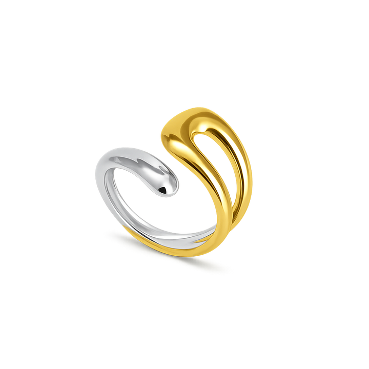 Two gold and silver open rings on a white background