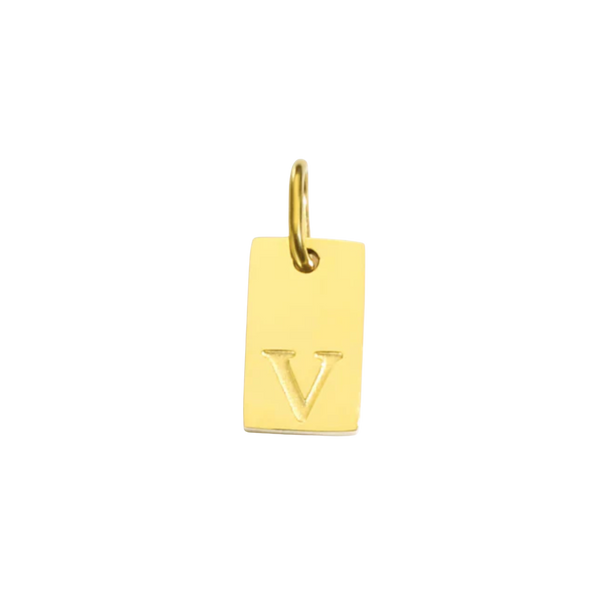 Gold pendant with letter 'V' on a white background