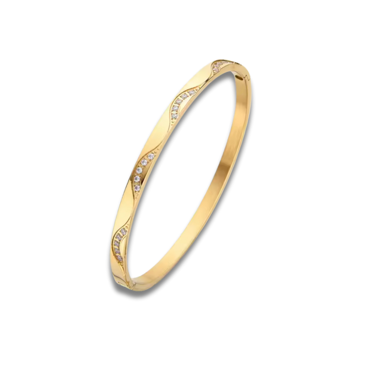 Gold bracelet with small diamonds on a white background