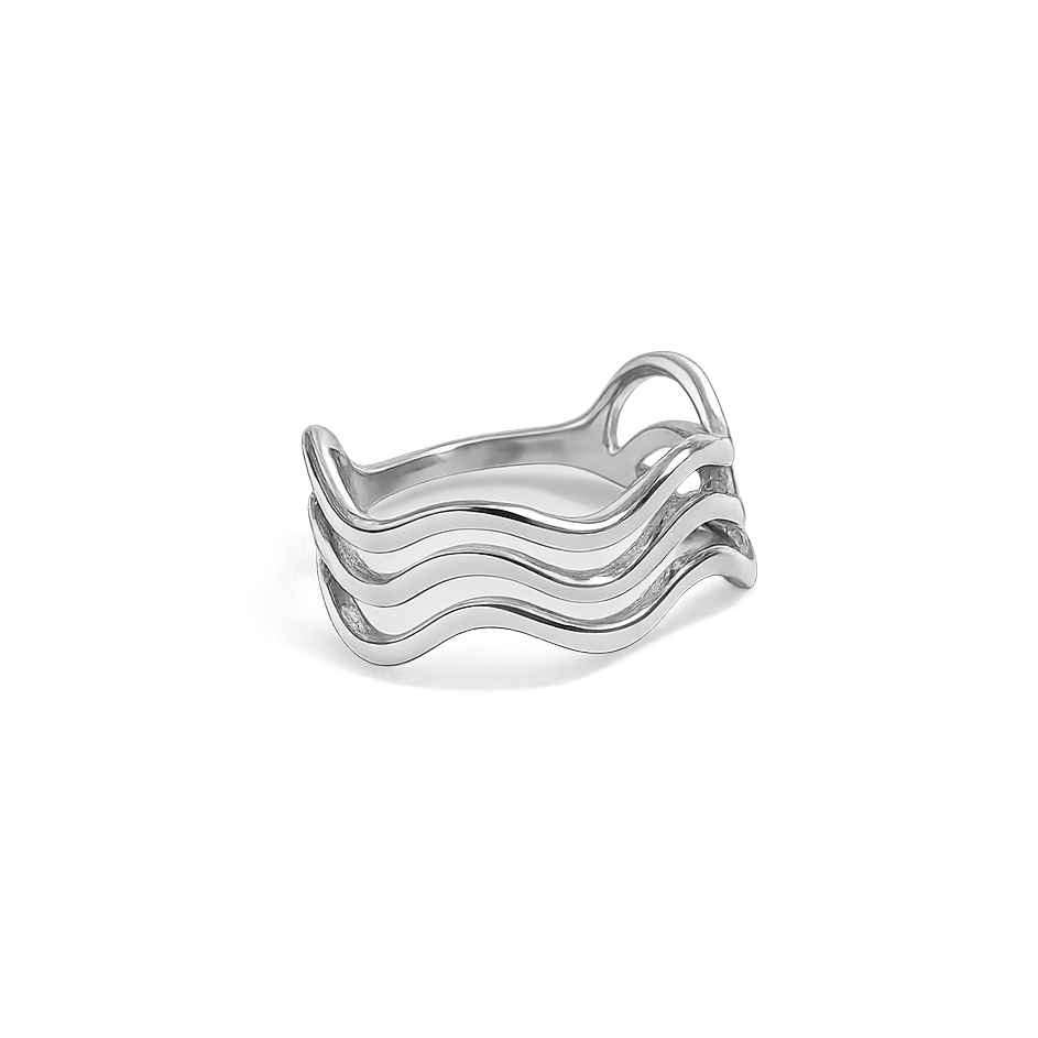 Silver wavy ring on a white background