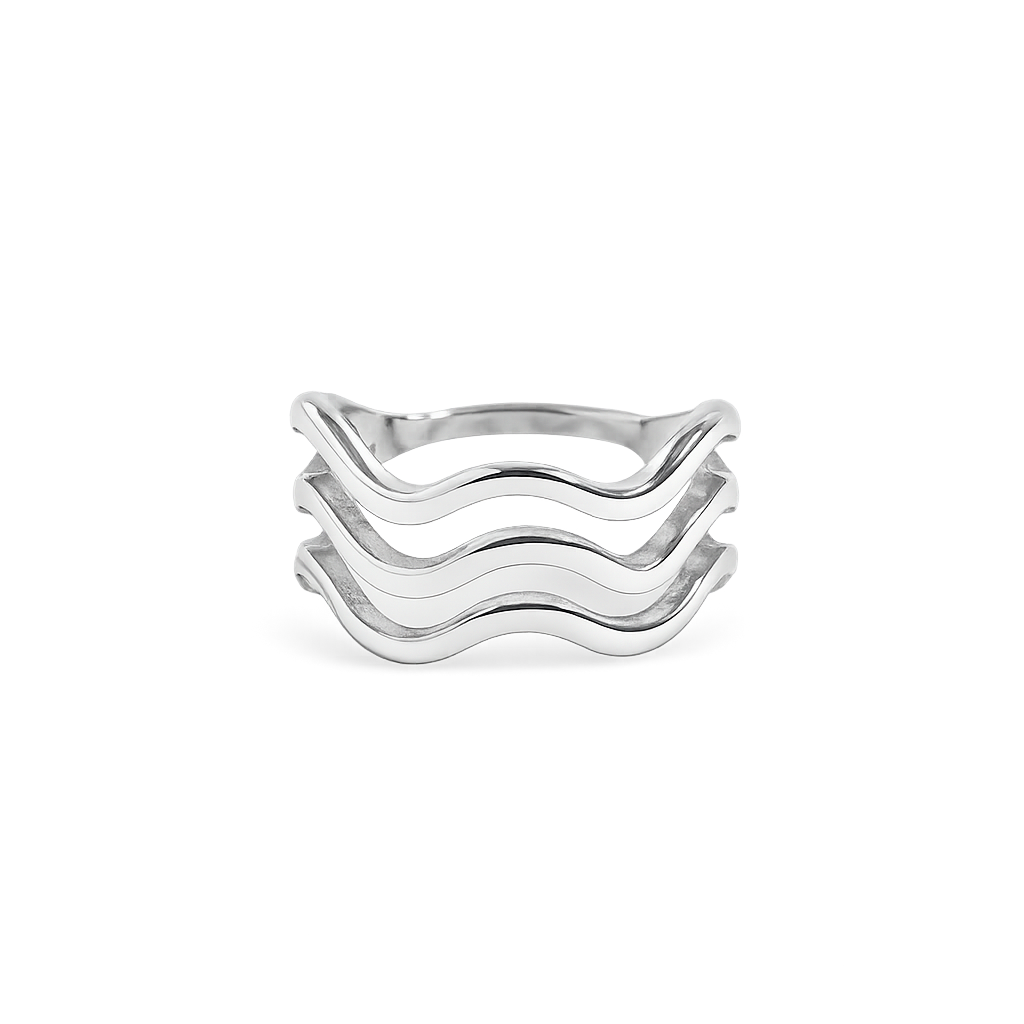 Silver ring with wavy design on a white background
