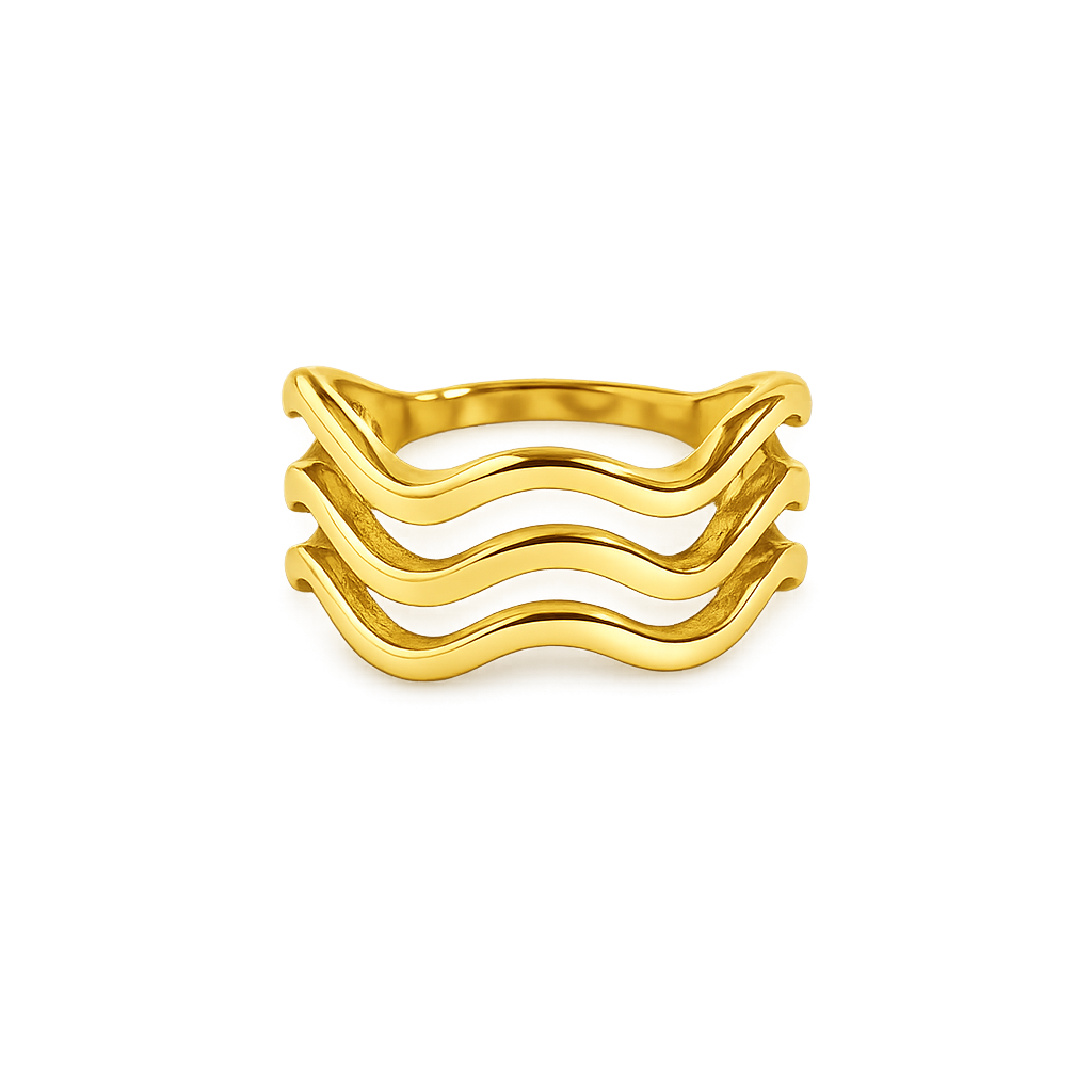 Gold ring with wavy design on a white background