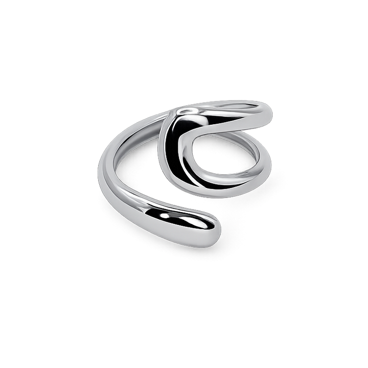 Silver ring with a modern design on a white background