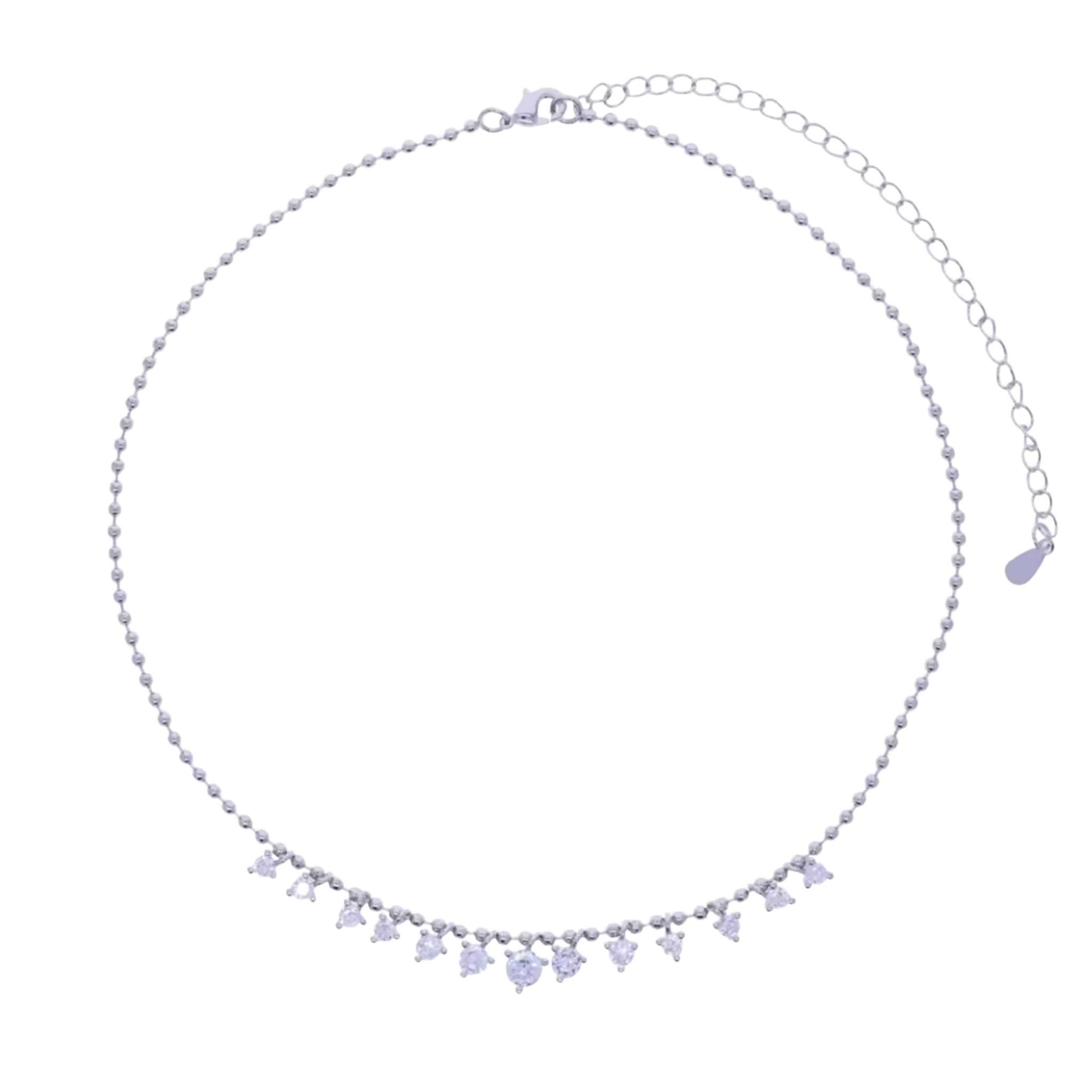 A delicate silver-toned beaded necklace with a row of small clear rhinestone charms spelling 'LOVE' and a teardrop-shaped clear rhinestone pendant, displayed on a solid white background.
