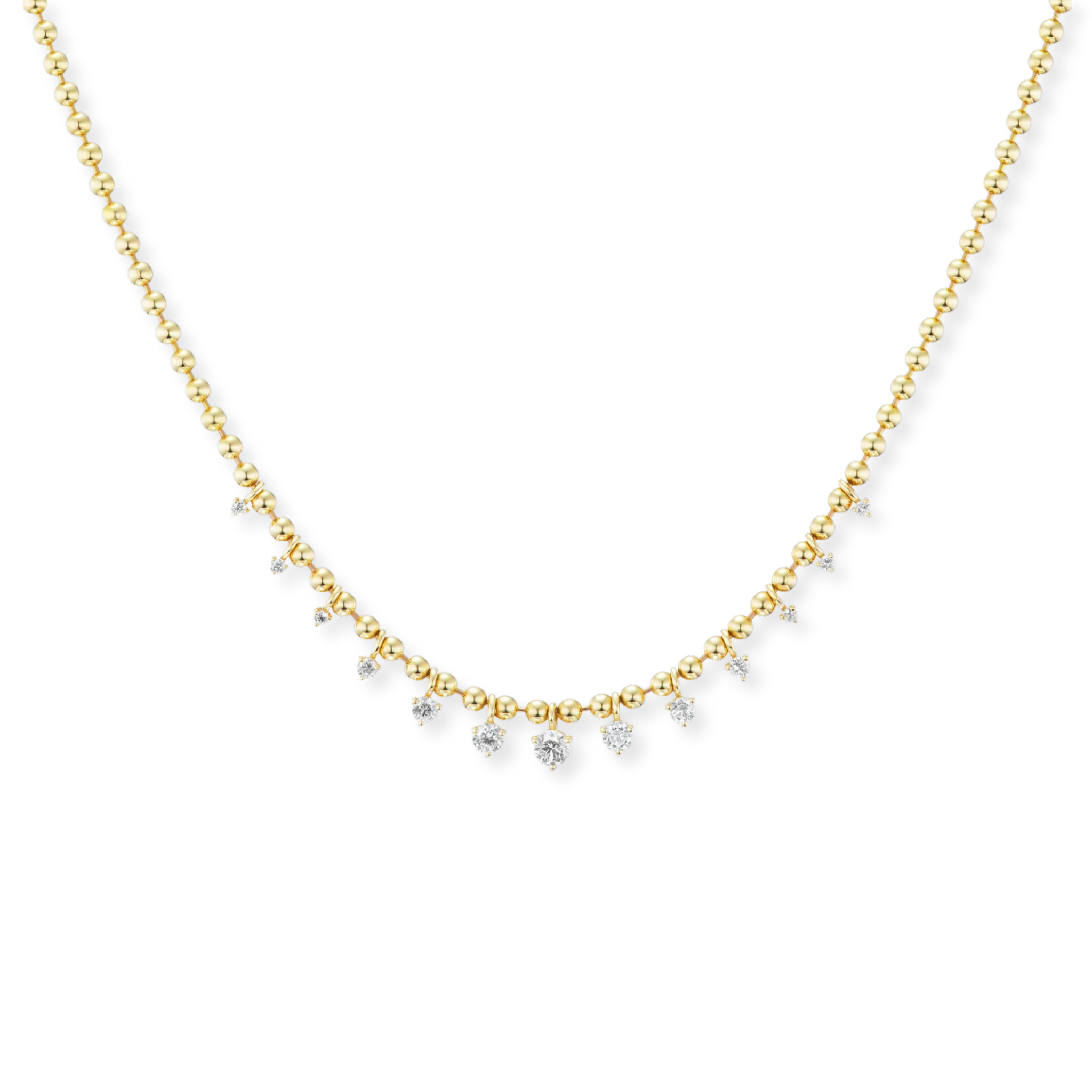 A delicate gold chain necklace featuring a curved row of small clear gemstones, photographed against a solid white background.
