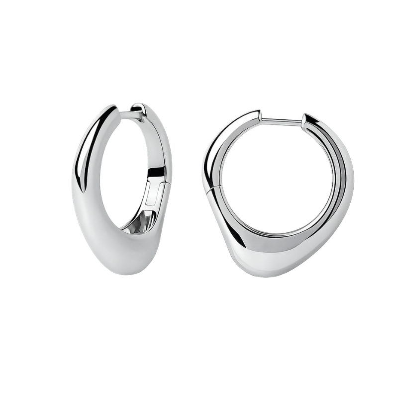 Pair of silver hoop earrings on a white background