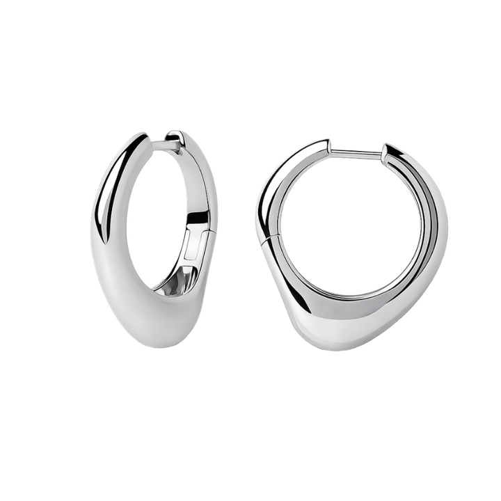 Pair of silver hoop earrings on a white background