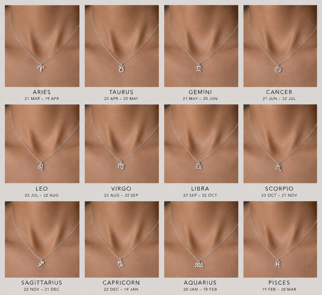 Zodiac sign necklaces on a grid with corresponding dates on a beige background