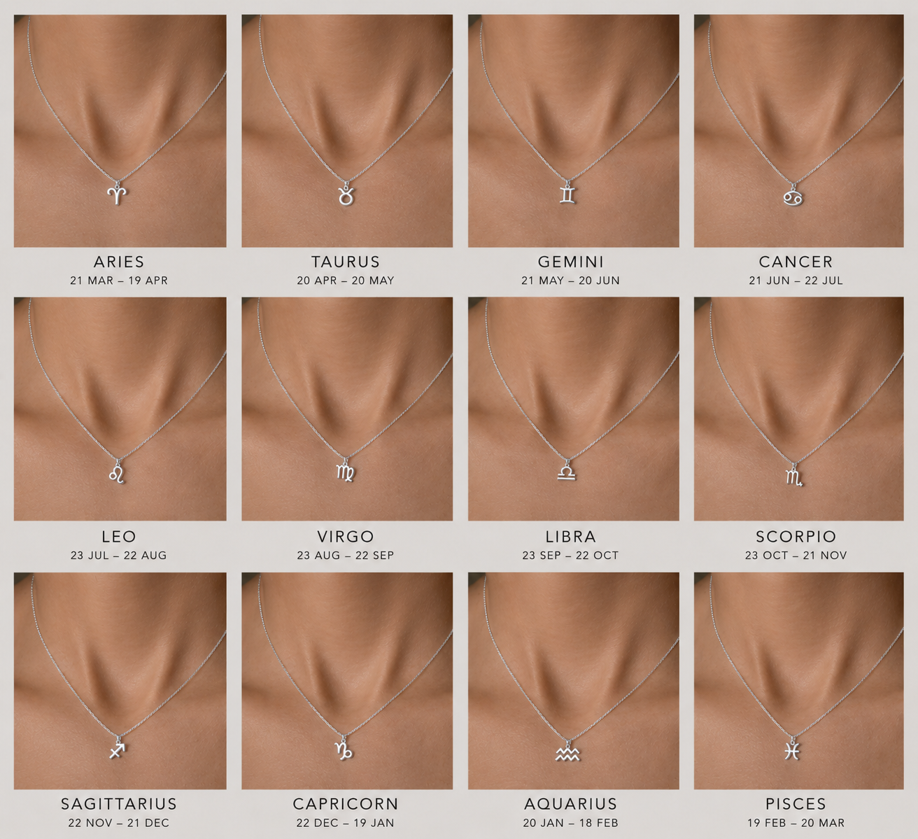 Zodiac sign necklaces on a grid with corresponding dates on a beige background