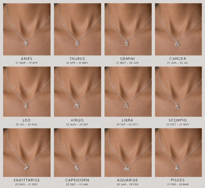 Zodiac sign necklaces on a grid with corresponding dates on a beige background